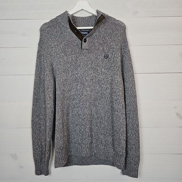 Chaps Sweater Mens Medium‎ Gray  1/4 Button Pullover Elbow Patch Knit Cotton - Picture 1 of 7